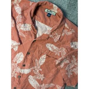 Tommy Bahama Silk Button Up Camp Shirt Short Sleeve Mens L Orange Tropical Aloha